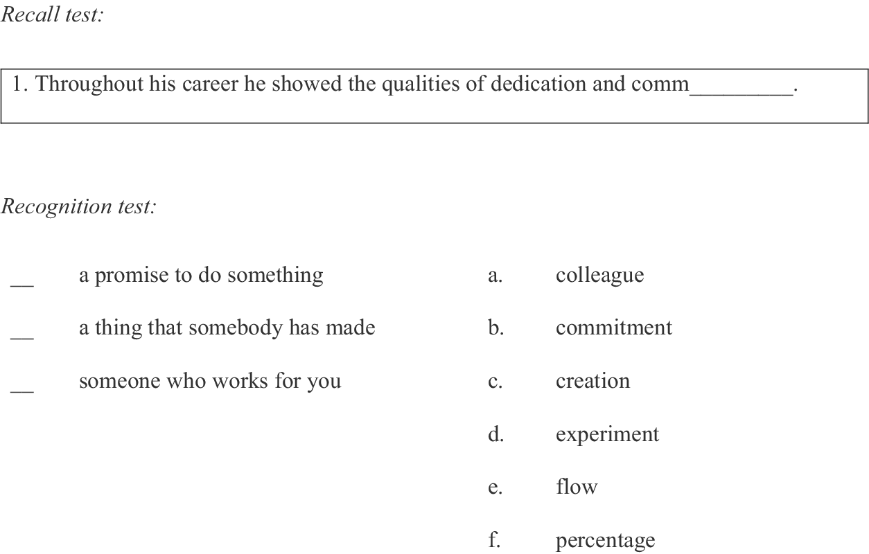 A two-part academic vocabulary test layout featuring a sentence completion recall item and a multiple-choice matching recognition task. See long description.
