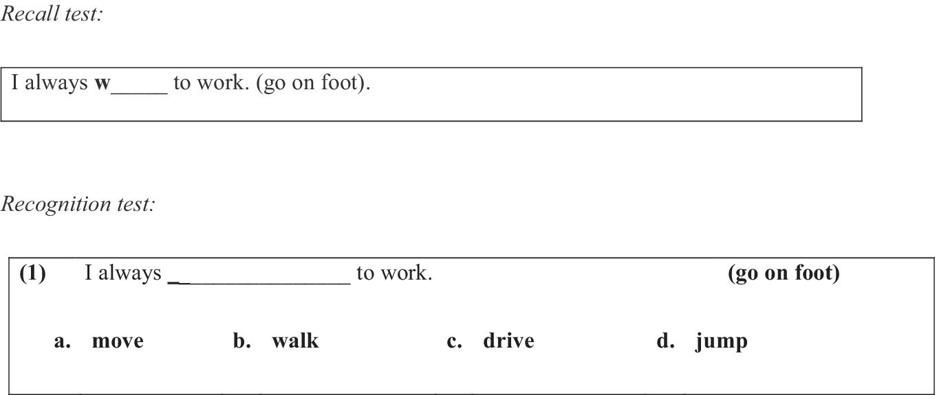 Two panels showing C A T S S test items. Top panel is a recall test with a fill-in-the-blank sentence starting with w. Bottom panel is a recognition test with a blank sentence and multiple-choice options a move, b walk, c drive, and d jump.