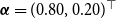 bold italic alpha equals left parenthesis 0.80 comma 0.20 right parenthesis Superscript down tack