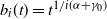 b Subscript i Baseline left parenthesis t right parenthesis equals t Superscript 1 divided by i left parenthesis alpha plus gamma 0 right parenthesis