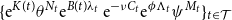 left brace normal e Superscript upper K left parenthesis t right parenthesis Baseline theta Superscript upper N Super Subscript t Superscript Baseline normal e Superscript upper B left parenthesis t right parenthesis lamda Super Subscript t Superscript Baseline normal e Superscript minus nu upper C Super Subscript t Superscript Baseline normal e Superscript phi normal upper Lamda Super Subscript t Superscript Baseline psi Superscript upper M Super Subscript t Superscript Baseline right brace Subscript t element of script upper T