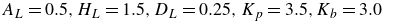 upper A Subscript upper L Baseline equals 0.5 comma upper H Subscript upper L Baseline equals 1.5 comma upper D Subscript upper L Baseline equals 0.25 comma upper K Subscript p Baseline equals 3.5 comma upper K Subscript b Baseline equals 3.0