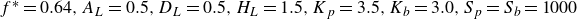 f Superscript asterisk Baseline equals 0.64 comma upper A Subscript upper L Baseline equals 0.5 comma upper D Subscript upper L Baseline equals 0.5 comma upper H Subscript upper L Baseline equals 1.5 comma upper K Subscript p Baseline equals 3.5 comma upper K Subscript b Baseline equals 3.0 comma upper S Subscript p Baseline equals upper S Subscript b Baseline equals 1000