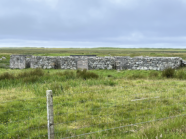 Overcast moorland with a wire fence in the foreground and a low, roofless, rectangular stone-walled structure, parts of the wall patched with wooden gates, set amid tall grass and open, flat horizons.