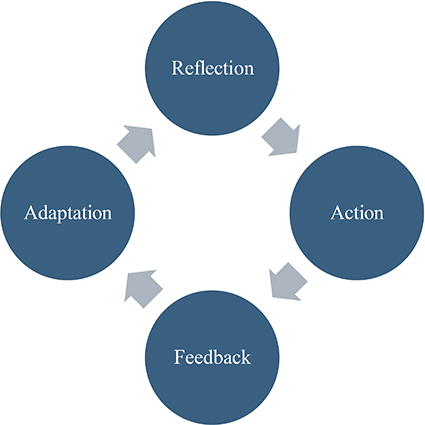 Circular process diagram with four colored circles linked by clockwise arrows: top Reflection, right Action, bottom Feedback, and left Adaptation.