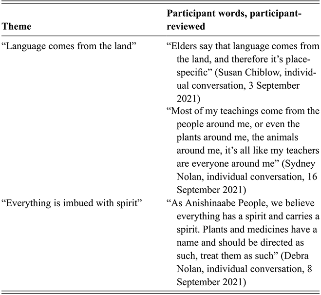 Table showing two themes generated from participant quotations: Language comes from the land and Everything is imbued with spirit, with examples from participants. See long description.