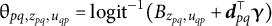 backslash unicode x Baseline 3 b Baseline 8 Subscript p q comma z Sub Subscript p q Subscript comma u Sub Subscript q p Subscript Baseline equals backslash text l o g i t Superscript negative 1 Baseline left parenthesis upper B Subscript z Sub Subscript p q Subscript comma u Sub Subscript q p Subscript Baseline plus d Subscript p q Superscript down tack Baseline backslash unicode x Baseline 3 b Baseline 3 right parenthesis