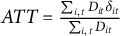 upper A upper T upper T equals StartFraction sigma summation Underscript i comma t Endscripts upper D Subscript i t Baseline delta Subscript i t Baseline Over sigma summation Underscript i comma t Endscripts upper D Subscript i t Baseline EndFraction