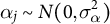 alpha Subscript j Baseline tilde upper N left parenthesis 0 comma sigma Subscript alpha Superscript 2 Baseline right parenthesis