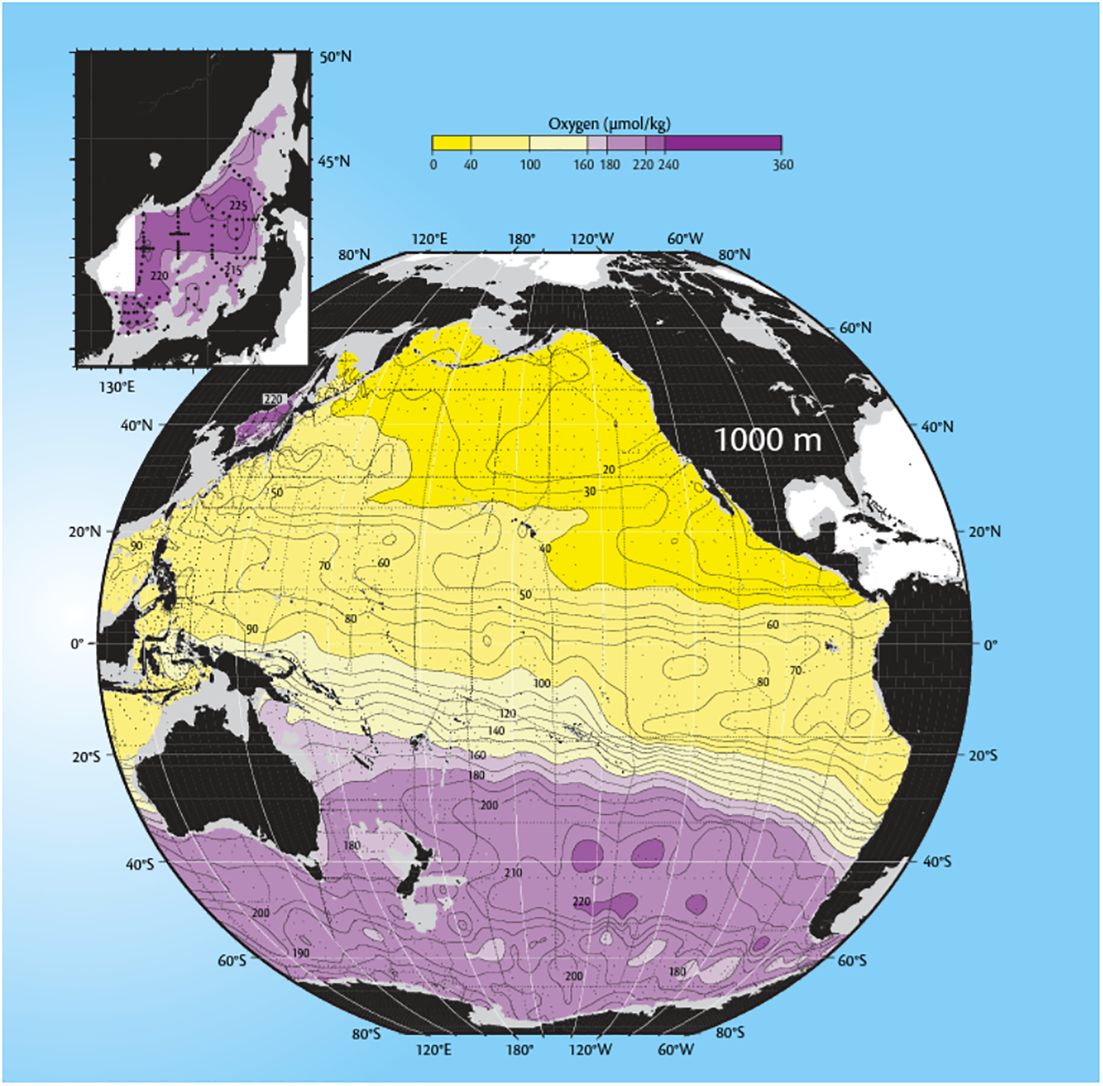 A heat map of the Pacific Ocean showing oxygen density at 1,000 meters depth.