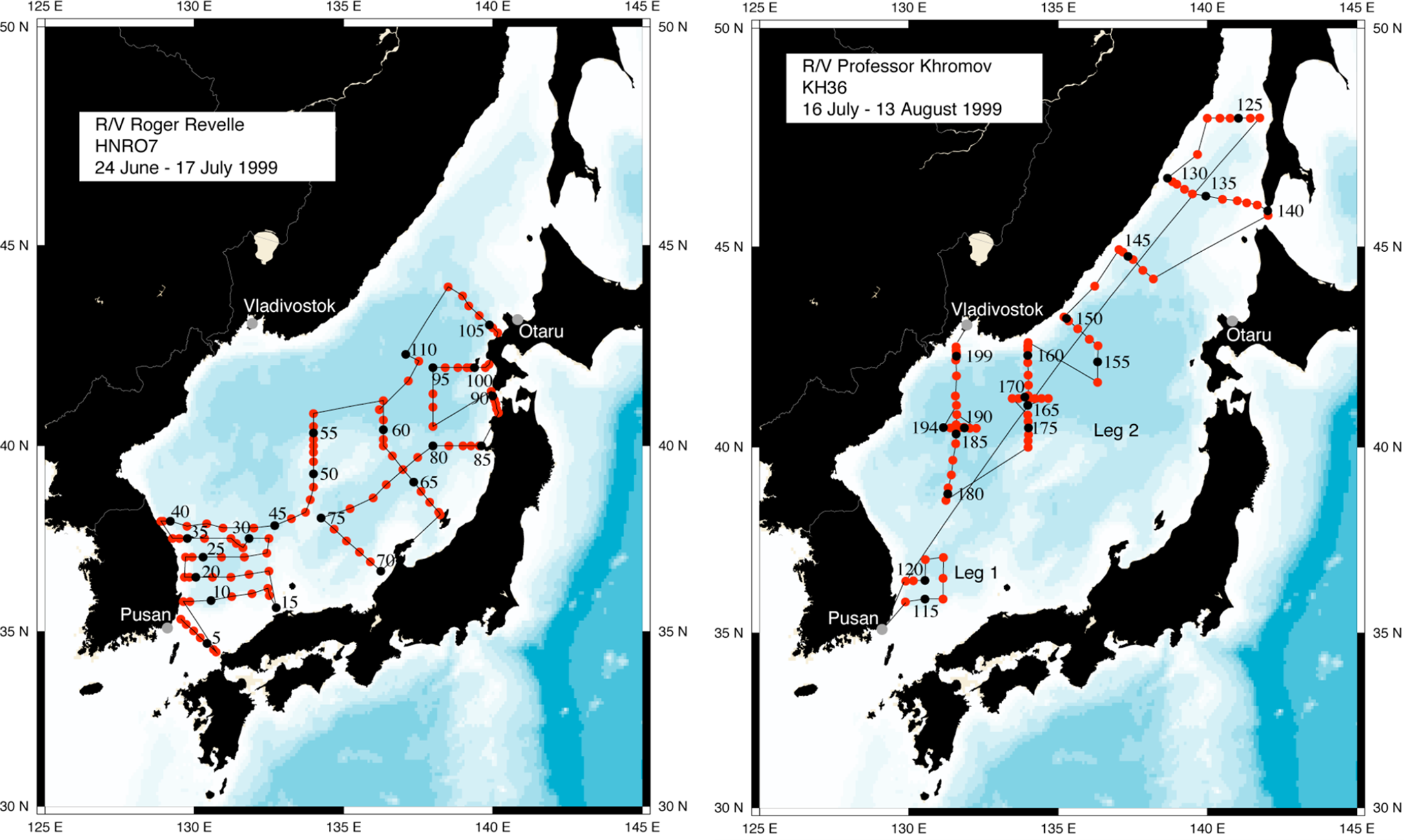 Two maps show the revised cruise routes for Talley’s Hahnaro expedition with two different ships, R/V Roger Revelle and R/V Professor Khromov.