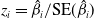 z Subscript i Baseline equals ModifyingAbove beta With caret Subscript i Baseline divided by normal upper S normal upper E left parenthesis ModifyingAbove beta With caret Subscript i Baseline right parenthesis
