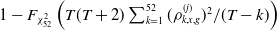 1 minus upper F Subscript chi 52 squared Baseline left parenthesis upper T left parenthesis upper T plus 2 right parenthesis sigma summation Underscript k equals 1 Overscript 52 Endscripts left parenthesis rho Subscript k comma x comma g Superscript left parenthesis j right parenthesis Baseline right parenthesis squared divided by left parenthesis upper T minus k right parenthesis right parenthesis