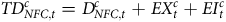 upper T upper D Subscript upper N upper F upper C comma t Superscript c Baseline equals upper D Subscript upper N upper F upper C comma t Superscript c Baseline plus upper E upper X Subscript t Superscript c Baseline plus upper E upper I Subscript t Superscript c