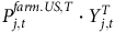 upper P Subscript j comma t Superscript f a r m period upper U upper S comma upper T Baseline dot upper Y Subscript j comma t Superscript upper T
