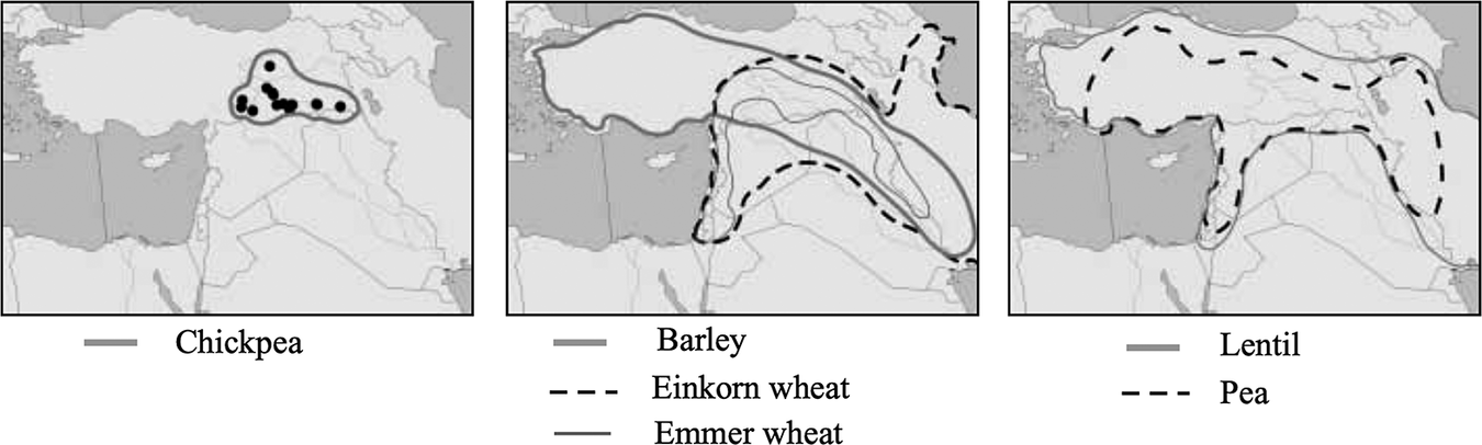 Three geographical maps showing the distribution of wild progenitors for six crops in the Near East. See long description.