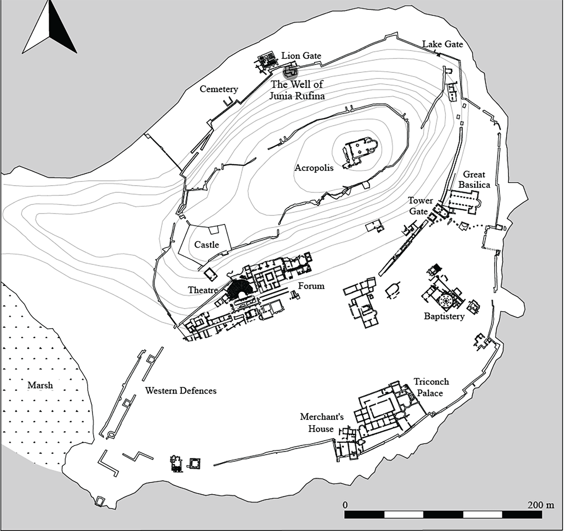 A map of Butrint showing key locations and the well’s position.