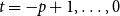 t equals negative p plus 1 comma ellipsis comma 0