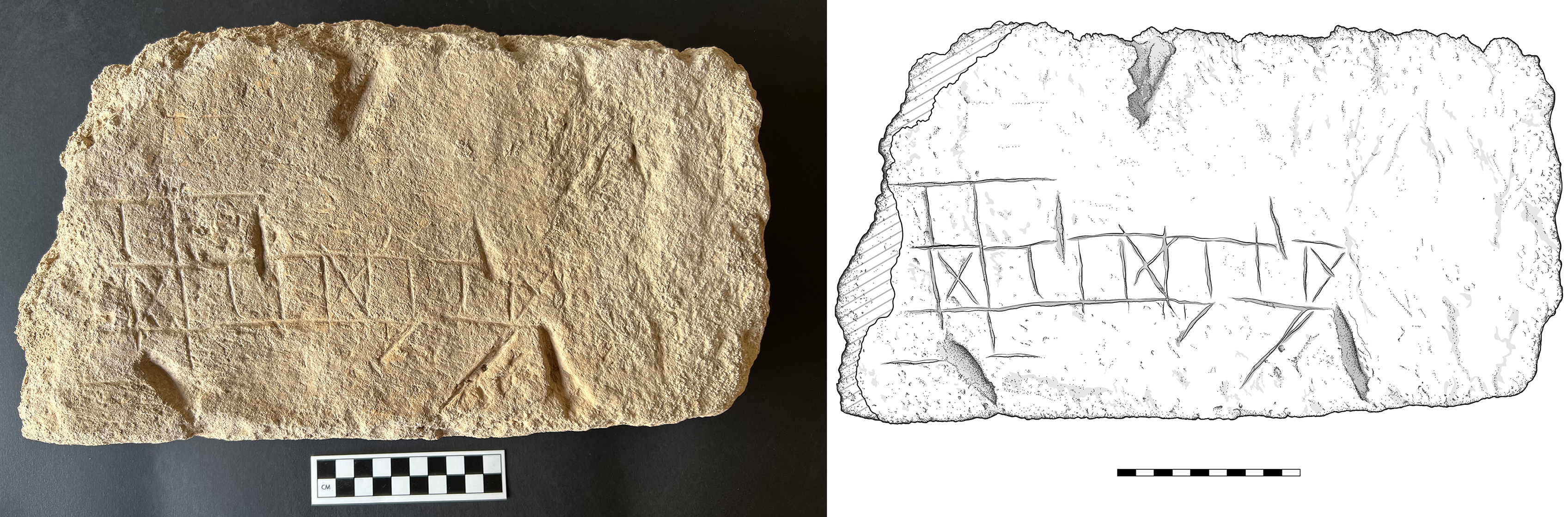 A baked brick with an incised board game pattern on its surface.