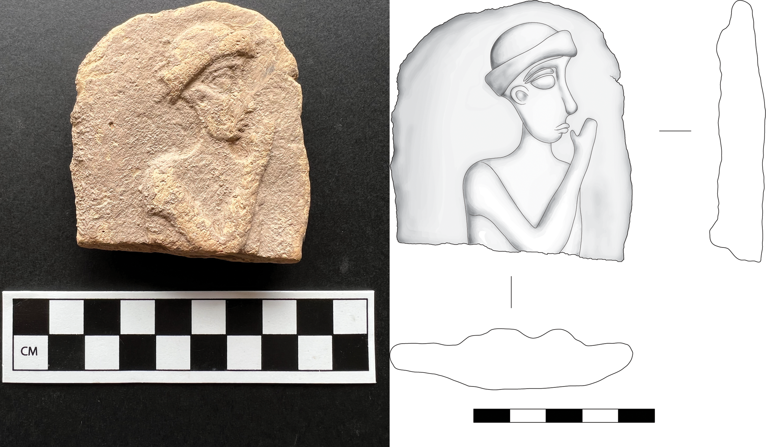 A terracotta plaque with an incised board game and its detailed illustration and diagram.
