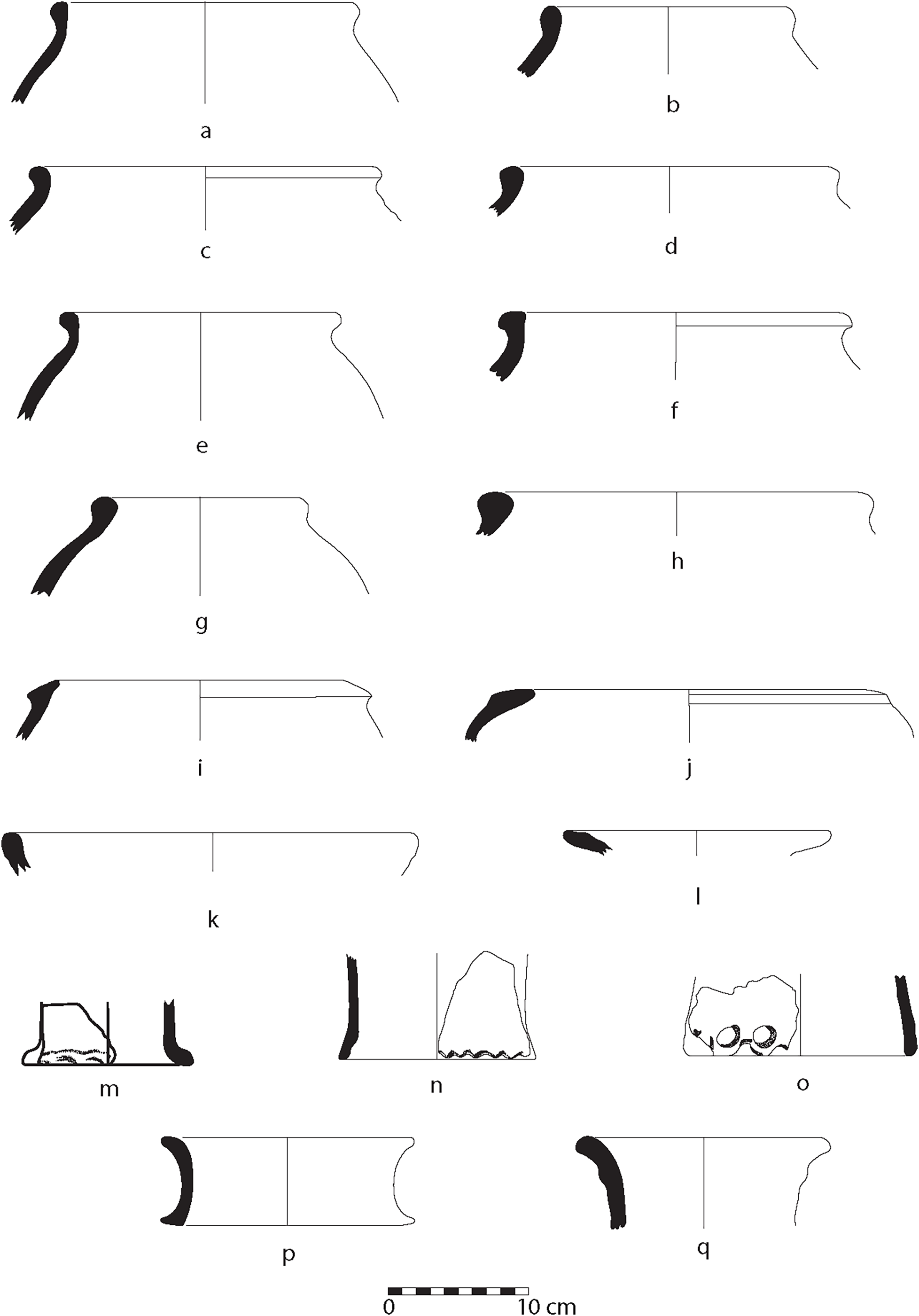 Illustration of various ceramic pot rims and bases.