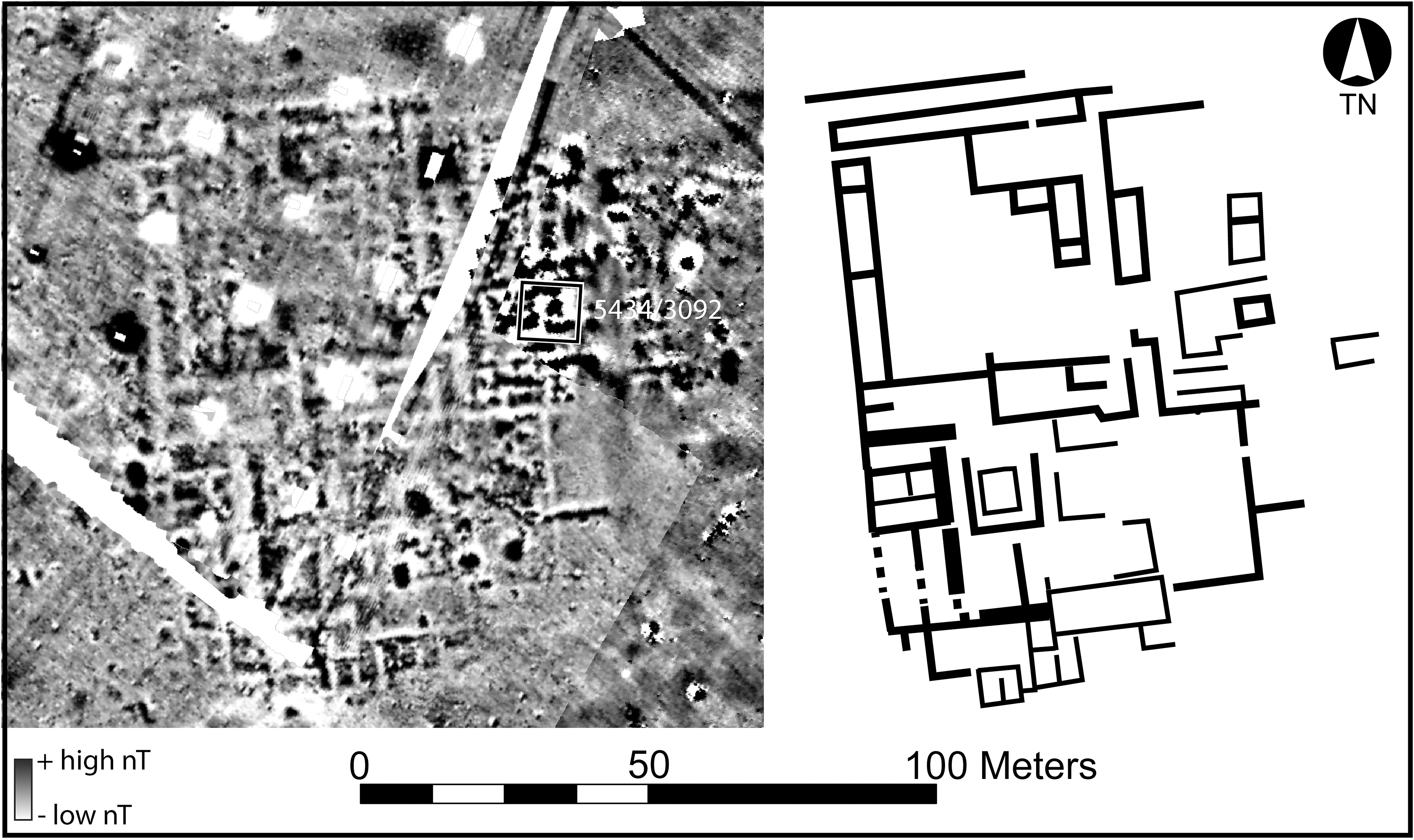 Aerial view and diagram of an archaeological site showing building structures and magnetometry data.