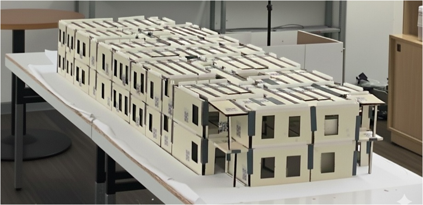 A photo of a 1 to 25 scale modular experimental model building resting on a white table. See long description.
