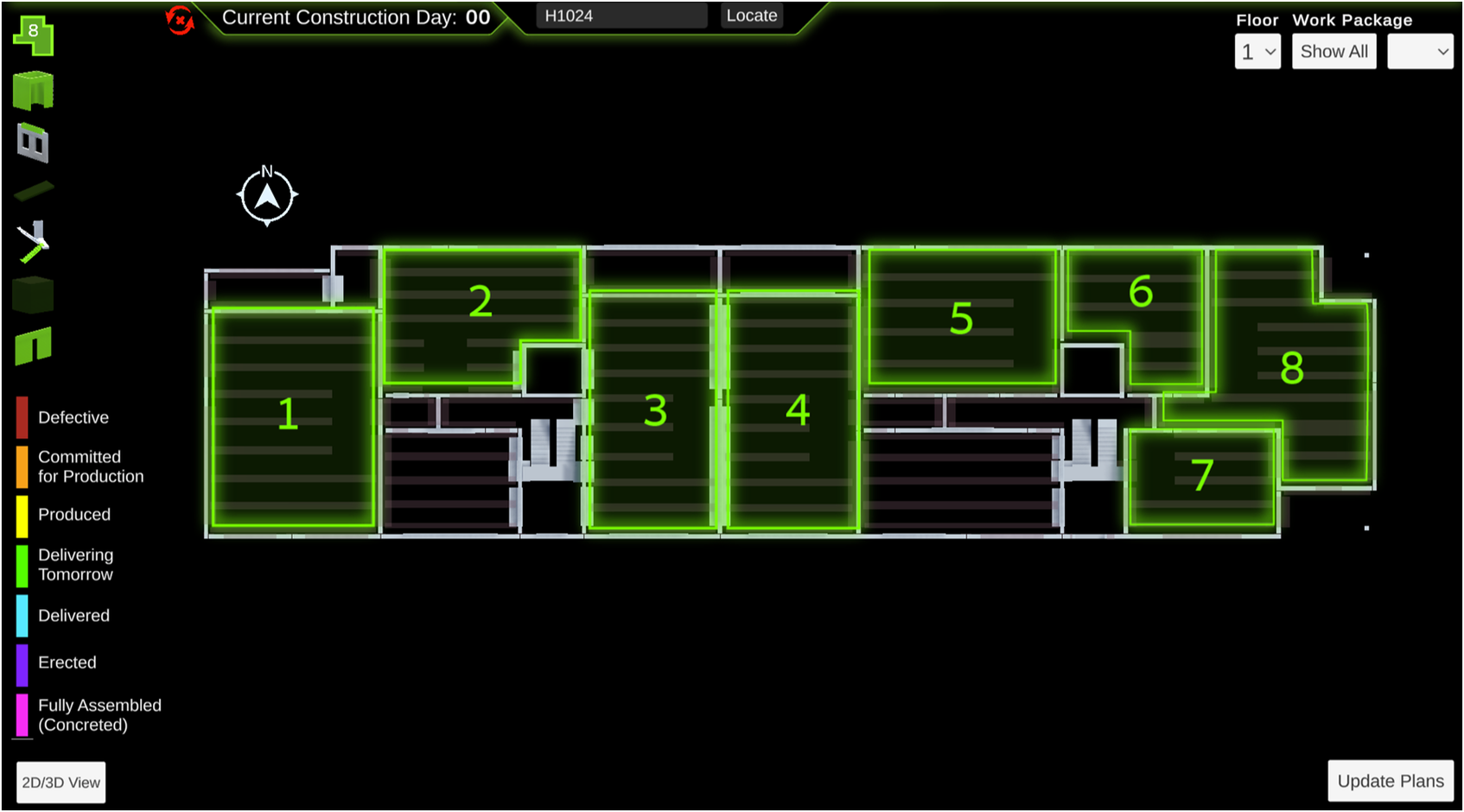 A digital interface displaying a 2 D floor plan for Floor 1 at Day 00 of construction. Eight apartment units are highlighted in green within a dark UI. See long description.