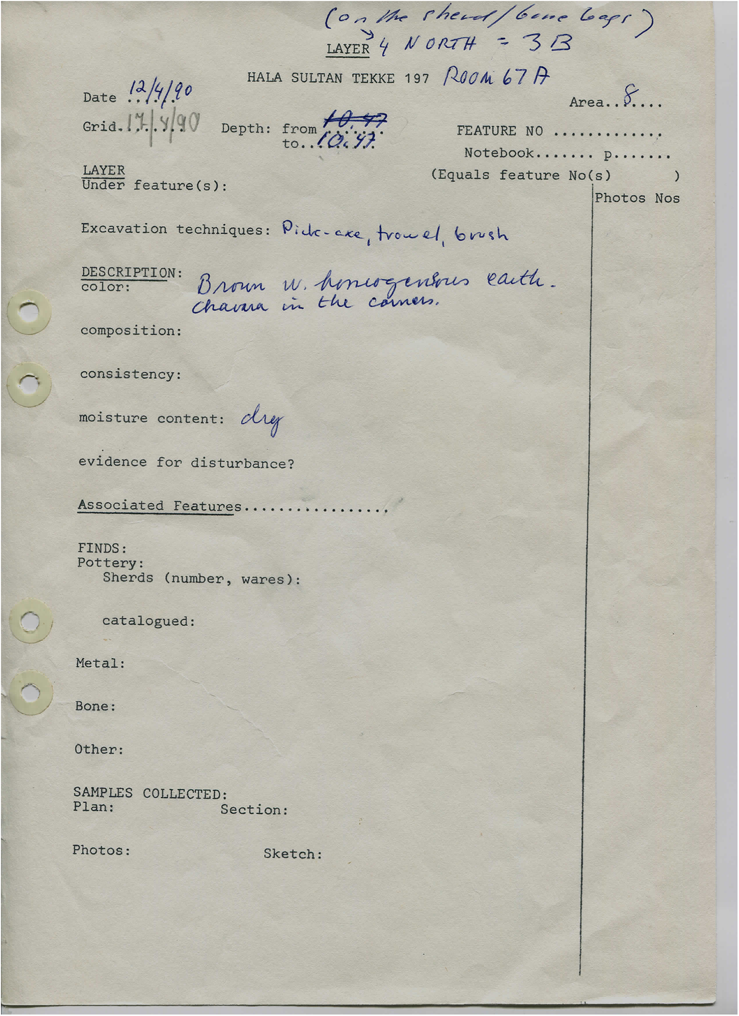 Scanned excavation context sheet with handwritten notes for Hala Sultan Tekke. See long description.