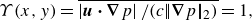 StartLayout 1st Row upper Upsilon left parenthesis x comma y right parenthesis equals ModifyingAbove StartAbsoluteValue bold italic u bold dot bold nabla p EndAbsoluteValue divided by left parenthesis c StartAbsoluteValue EndAbsoluteValue bold nabla p StartAbsoluteValue EndAbsoluteValue Subscript 2 Baseline right parenthesis With bar equals 1 comma EndLayout
