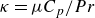 kappa equals mu upper C Subscript p Baseline divided by upper P r