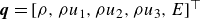 bold italic q equals left bracket rho comma rho u 1 comma rho u 2 comma rho u 3 comma upper E right bracket Superscript down tack