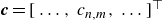 bold italic c equals left bracket ellipsis comma c Subscript n comma m Baseline comma ellipsis right bracket Superscript down tack
