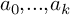a 0 comma period period period comma a Subscript k Baseline