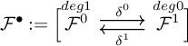 F bullet is defined as a bracketed pair. F^0 with degree 1 on the left and F^1 with degree 0 on the right. A right arrow delta^0 is above a left arrow delta^1 between them.