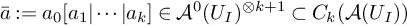 ModifyingAbove a With bar colon equals a 0 left bracket a 1 StartAbsoluteValue midline horizontal ellipsis EndAbsoluteValue a Subscript k Baseline right bracket element of script upper A Superscript 0 Baseline left parenthesis upper U Subscript upper I Baseline right parenthesis Superscript circled times k plus 1 Baseline subset of upper C Subscript k Baseline left parenthesis script upper A left parenthesis upper U Subscript upper I Baseline right parenthesis right parenthesis
