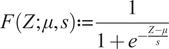 upper F left parenthesis upper Z semicolon mu comma s right parenthesis colon equals StartFraction 1 Over 1 plus e Superscript minus StartFraction upper Z minus mu Over s EndFraction Baseline EndFraction