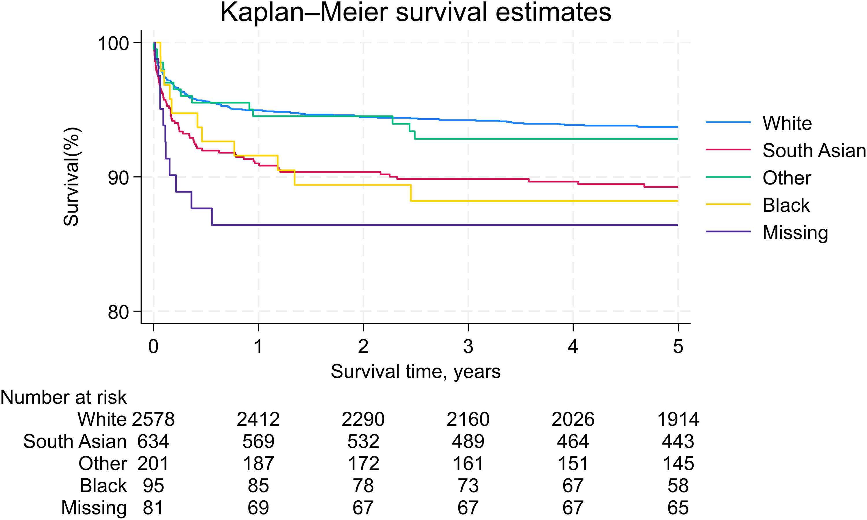 A line graph showing survival percentages over time for different ethnic groups.