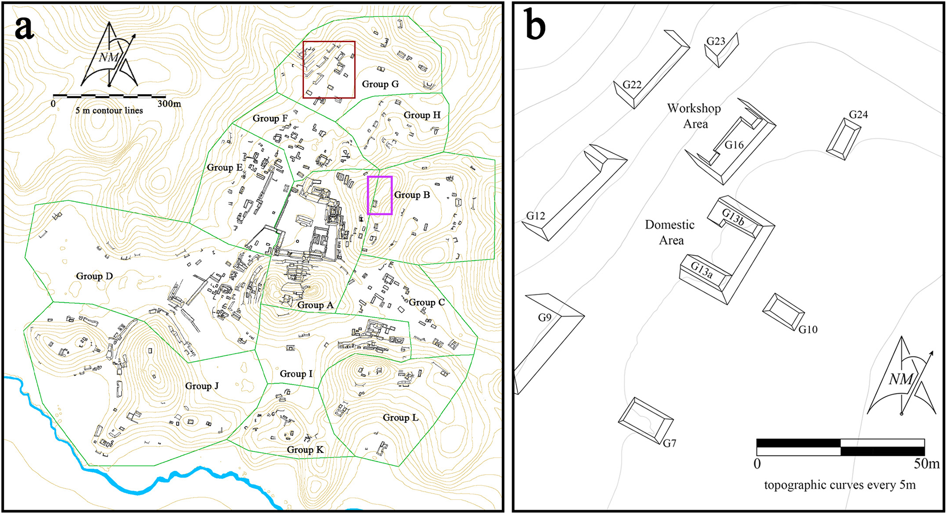 Topographic map of Chinikihá showing architectural groups and a close-up of Group G with structures. See long description.