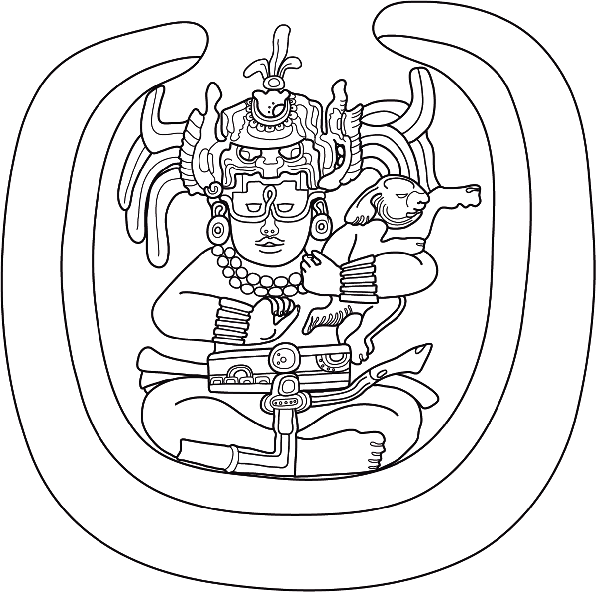 Illustration of a deity with intricate headdress and jewelry, holding an animal, seated within a curved frame. See long description.