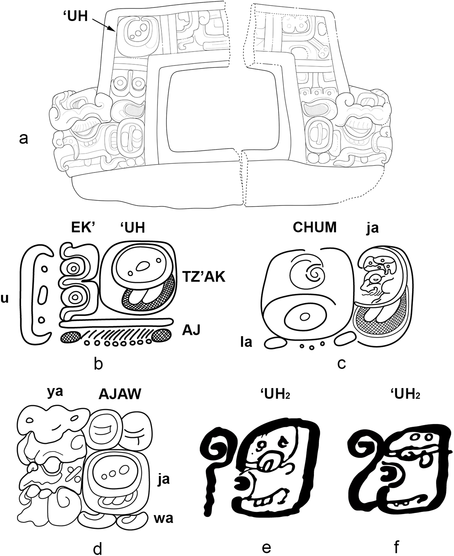 Illustrations of Maya hieroglyphs showing various glyphs and logograms, including Moon signs and syllables. See long description.
