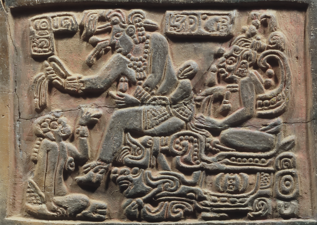 Detail of Vase K9261 depicting God L, Lunar Maize God and Lunar Jaguar God of the Underworld in a mythological scene. See long description.