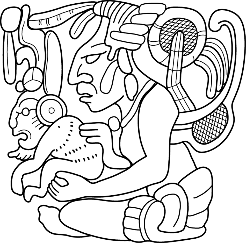 Illustration of a seated figure holding a rabbit, adorned with intricate headdress and jewelry. See long description.