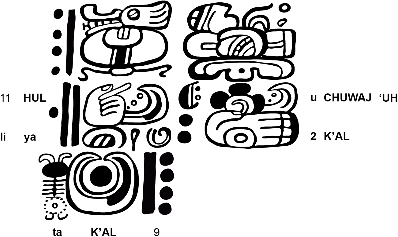 Mayan glyphs with inscriptions including HUL, CHUWAJ 'UH and K'AL. See long description.
