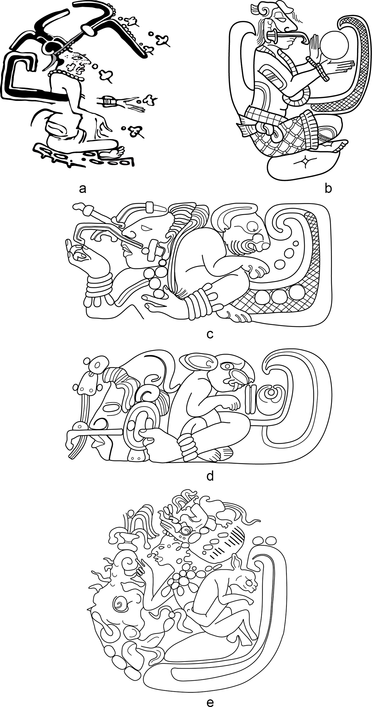 Five illustrations depicting the Lunar Maize God in various poses and settings, labeled a to e. See long description.