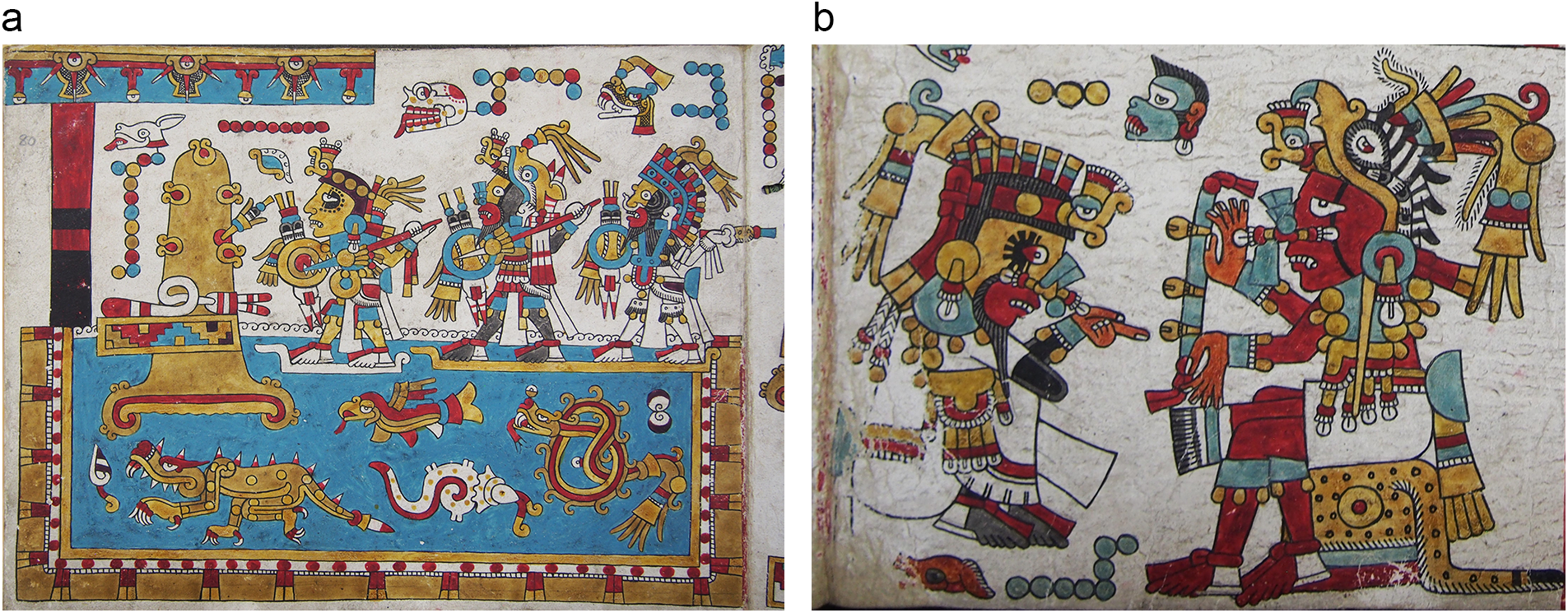 Two illustrations from Codex Nuttall showing 8-Deer Jaguar’s Claw. Image A depicts 8-Deer and companions at a column by water. Image B shows 8-Deer receiving insignia from the Sun. See long description.