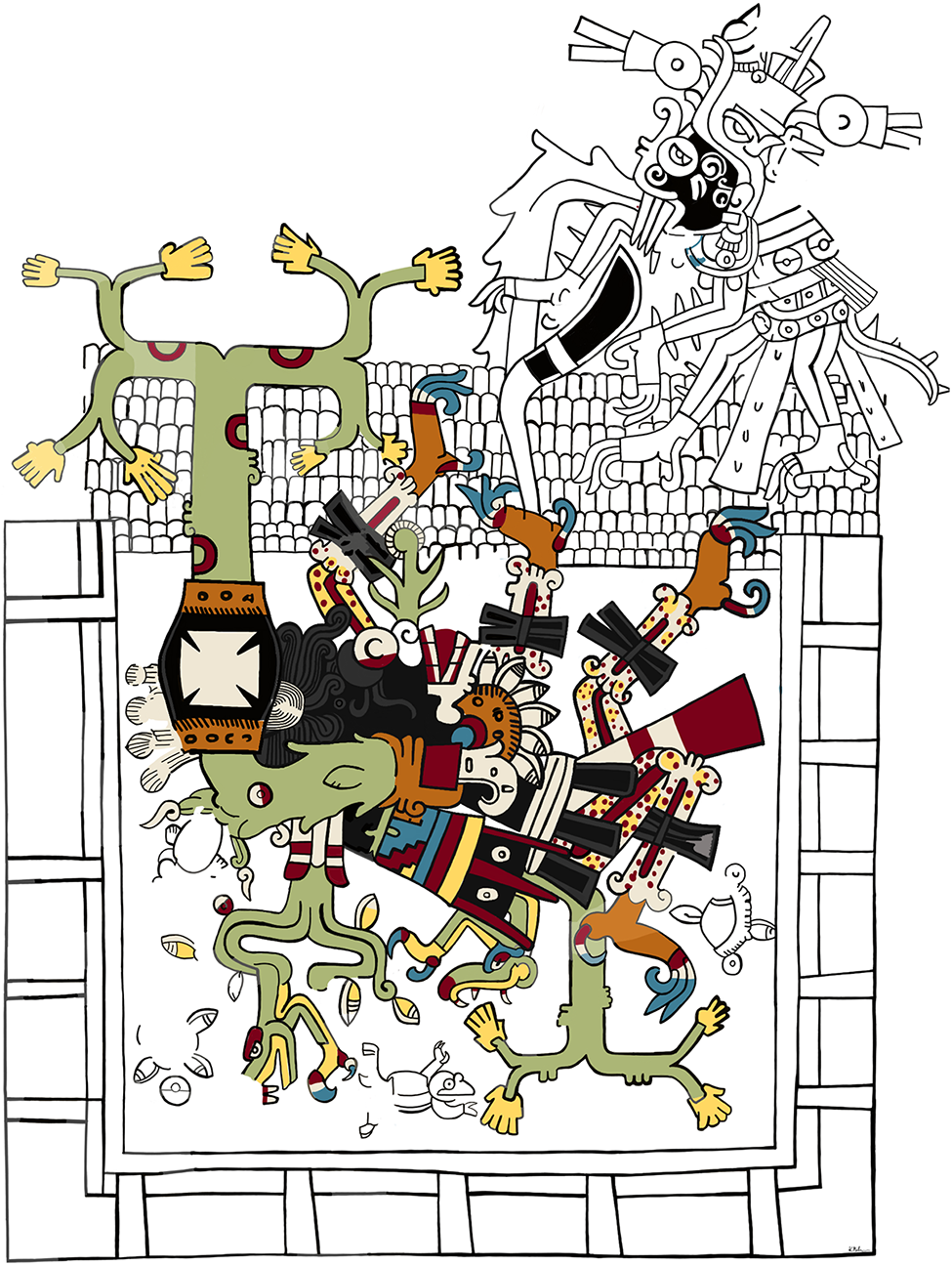 Illustration of Black Quetzalcoatl transforming into plants, assisted by a Tlaloc-like being pouring liquid. See long description.