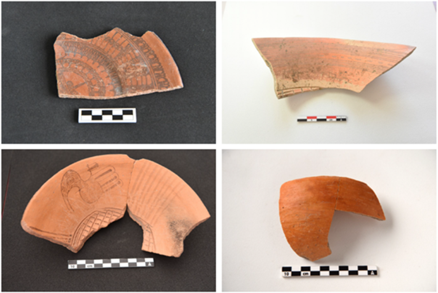 Four pottery fragments displayed with scale bars, showcasing different designs and shapes. See long description.