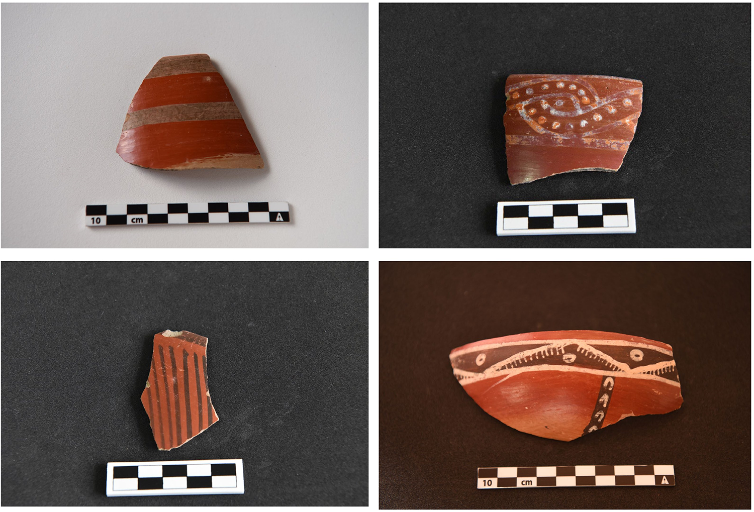 Four pottery fragments with distinct patterns displayed on a black and white scale. See long description.