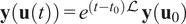 bold y left parenthesis bold u left parenthesis t right parenthesis right parenthesis equals e Superscript left parenthesis t minus t 0 right parenthesis script upper L Baseline bold y left parenthesis bold u 0 right parenthesis